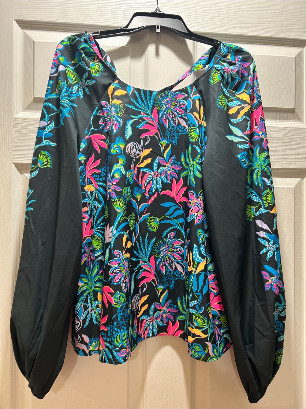 Lilly Pulitzer Black Balloon-Sleeve Blouse with Neon Floral Print